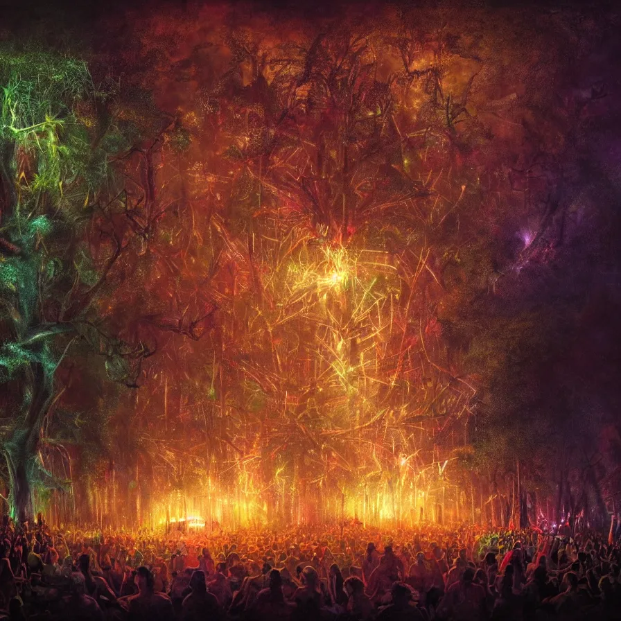 Image similar to closeup of a night carnival inside a tree cavity in a magical forest in the middle of a summer storm, with a music scenario with many fireworks and christmas lights, volumetric lightning, instense god rays in the sky, folklore people disguised with fantastic creatures in a magical forest by summer night, masterpiece painted by greg rutkowski, scene by dark night environment, refraction lights,