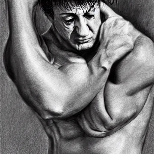 Image similar to a pencil sketch of Sylvester Stallone scratching his head