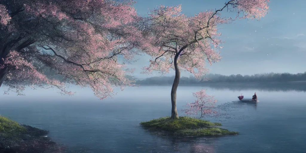 Prompt: vanishing point a sakura tree upon a lake, viewed from afar, stephen bliss, misty, unreal engine, fantasy art by greg rutkowski, loish, rhads, ferdinand knab, makoto shinkai and lois van baarle, ilya kuvshinov, rossdraws, tom bagshaw, global illumination, radiant light, minimalist, detailed and intricate environment