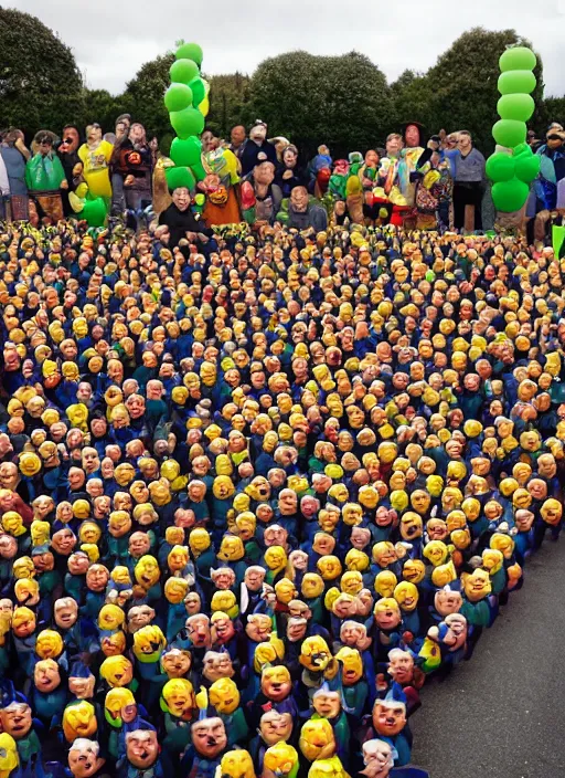 Image similar to an Irish party with hundreds of gnomes holding bananas