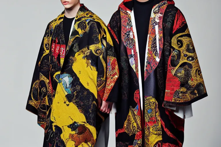 Image similar to the school of athens fresco gucci versace intricate print modern choatic textiles cloak tunic streetwear japanese cyberpunk