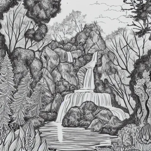 Prompt: a grayscale adult coloring page of a waterfall in the enchanted forest