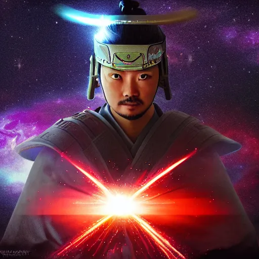 Image similar to a legendary samurai with a halo of light in another galaxy, epic, 4 k, 3 d