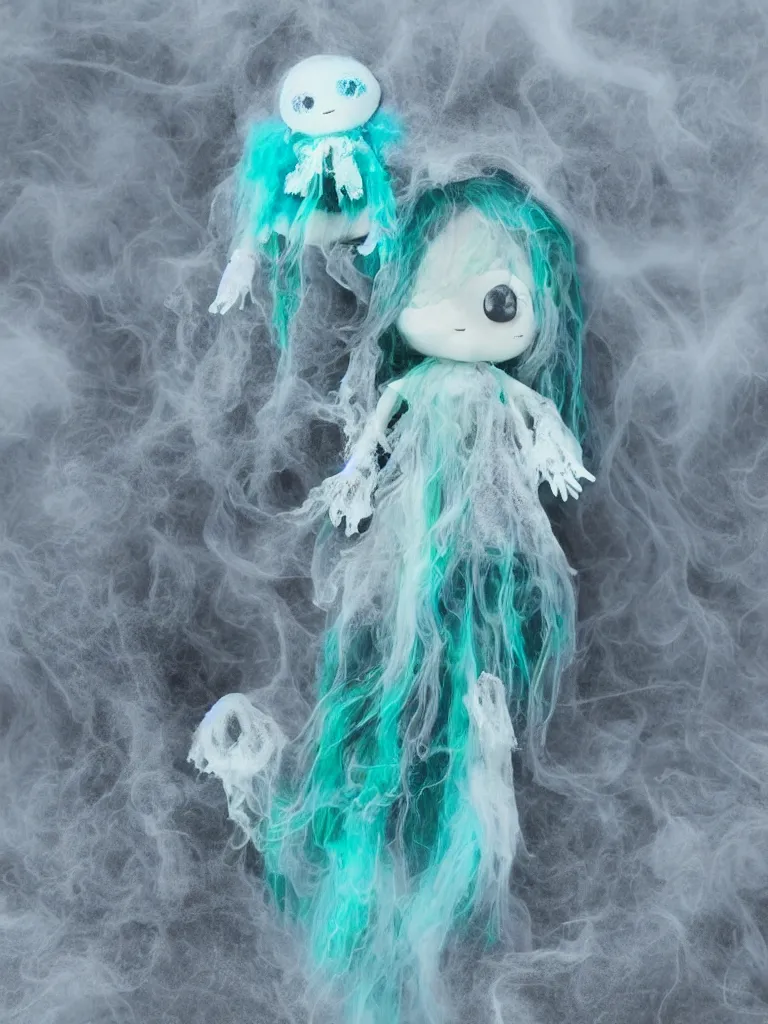 Image similar to cute fumo plush smiling ectoplasmic jellyfish ghost girl waving in deep fog over mysterious waters, patchwork doll chibi gothic maiden in tattered melting rags, glowing wisps of hazy green smoke and eerie blue volumetric fog swirling about, moonlight, glowing lens flare, black and white, vray