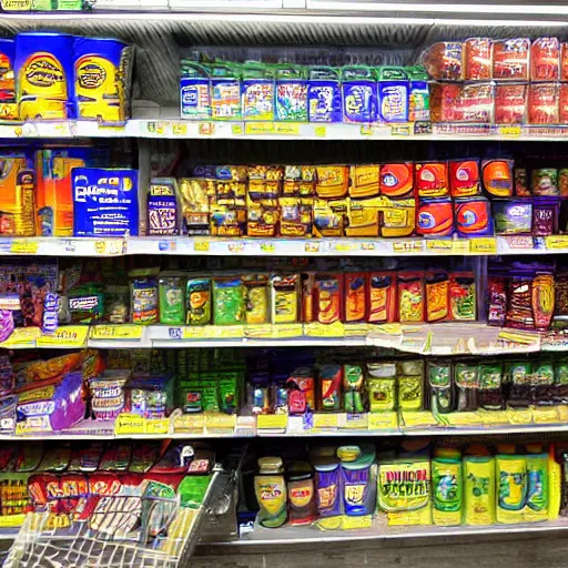 Prompt: bodega filled with groceries, produce, cans, soda, lottery tickets, and cigarettes with Hispanic customers.