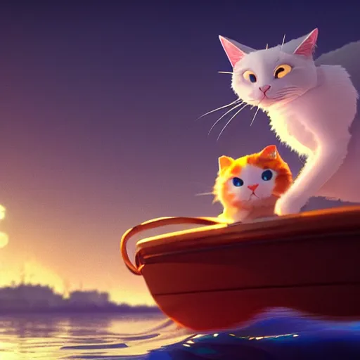 Prompt: a wholesome animation creative key shot of a cat sailing a boat in the night, full shot, studio ghibli, pixar and disney animation, sharp, rendered in unreal engine 5, anime key art by greg rutkowski, bloom, dramatic lighting