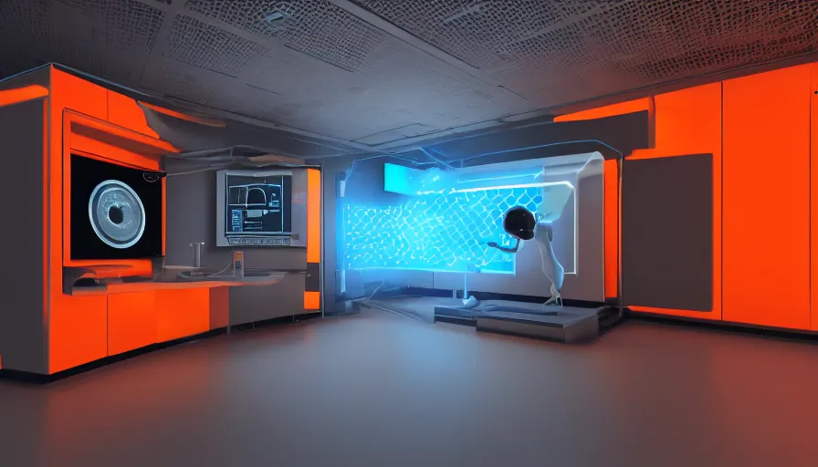 Prompt: non - euclidian control panel room with led computer interfaces on every surface. a robot assistant is idle inside a transparent container built into the wall. orange and grey color scheme, high contrast, octane render, ray - tracing, 4 k, high quality desktop wallpaper