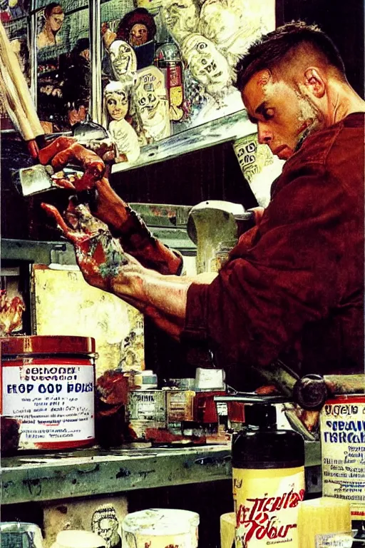 Prompt: Tyler Durden making soap painted by Norman Rockwell