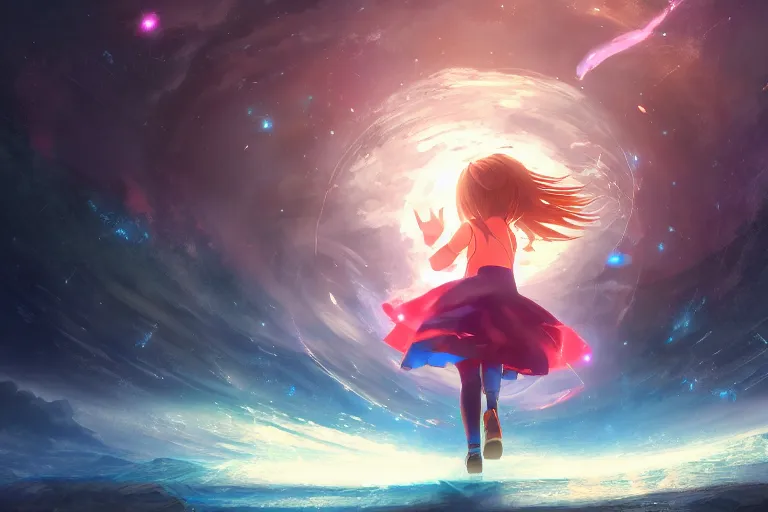 Prompt: anime young girl running towards a cosmic portal, official media, wlop, concept art, digital painting, trending on artstation, highly detailed, epic composition, 8 k uhd