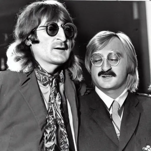 Image similar to john lennon playing captain kangaroo with long blond hair