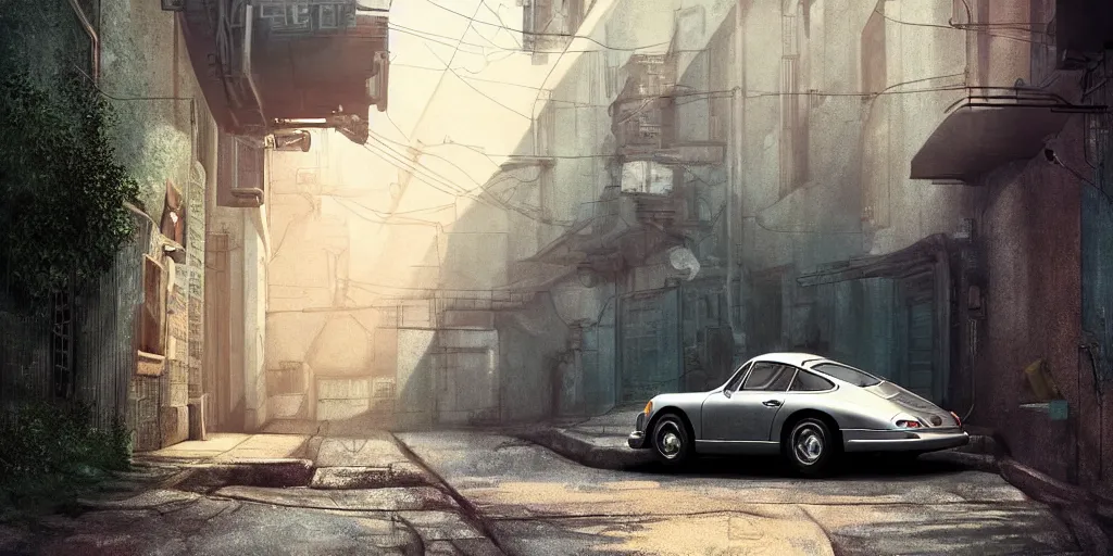 Prompt: a wholesome animation key shot of a focused old silver Porsche car parked in an abandoned alleyway, medium shot, waist up, studio Ghibli, Pixar and Disney animation, sharp, very detailed, high resolution, Rendered in Unreal Engine 5, anime key art by Greg Rutkowski, Bloom, dramatic lighting