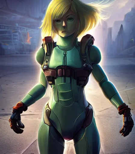 Prompt: Samus Aran ,in a post apocalyptic setting, ghibli, unreal 5, DAZ, hyperrealistic, octane render, RPG portrait, dynamic lighting, digital art, fan art