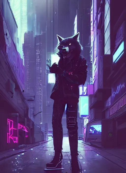 Image similar to beautiful portrait commission of a male furry anthro husky werewolf fox fursona wearing cyberpunk skater clothes. Cyberpunk city at night in the rain. Neon light. Atmospheric. Character design by charlie bowater, ross tran, artgerm, and makoto shinkai, detailed, inked, western comic book art