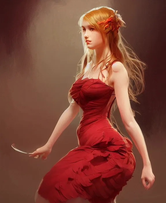 Image similar to teen girl in dress made of red feather, realistic portrait, highly detailed, digital painting, artstation, concept art, smooth, sharp focus, illustration, cinematic lighting, art by artgerm and greg rutkowski and alphonse mucha and boris vallejo and frank frazetta