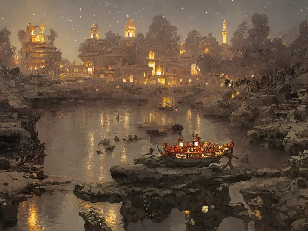 Image similar to a beautiful painting of the view from the river of the lantern festival in a an ancient egyptian city, at night with a sky full of stars, intricate, elegant, highly detailed, digital painting, artstation, concept art, by krenz cushart and artem demura and alphonse mucha