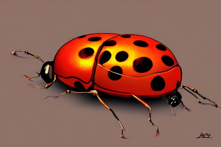 Image similar to oasis ladybug, in the style of Greg Broadmore and Arthur Rackham and Moebius,trending on artstation, light lighting side view,digital art,surrealism ,macro,blueprint ,vaporwave ,