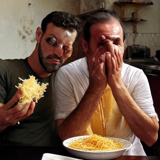 Prompt: Italian man is crying over his ruined spaghetti. A french person with a baguette laughs nearby.