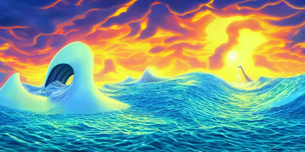 Prompt: A surrealist beach shaped like a singing mouth, the waves are made musical notes, one wave is shaped like the mouths tongue, Very colorful painting 8k trending on art station, Intricate details, very realistic, cinematic lighting, volumetric lighting,