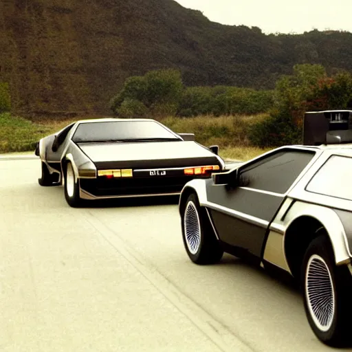 Image similar to knightrider chasing the back to the future delorean, cinematic