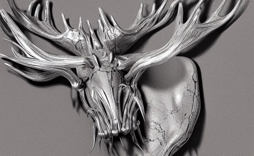 Image similar to stylized shiny polished silver statue full body extra limbs bizarre cosmic horror quadruped animal moose deer skull four legs made of marble of slug creature tendrils, perfect symmetrical body, perfect symmetrical face, hyper realistic, hyper detailed, by johannen voss, by michelangelo, octane render, blender, 8 k, displayed in pure white studio room medical render red veins