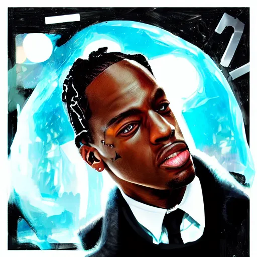 Image similar to travis scott as a agent 0 0 7, digital painting, album cover art, trending on artstation, hyperdetalied,