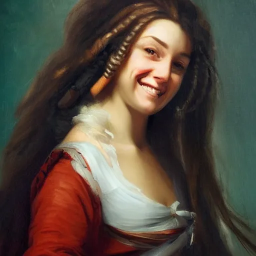 Prompt: oil painting, smiling, happy, beautiful, intelligent, powerful, female pirate captain 2 9 years old, loving eyes, flowing long hair, fully clothed, wise, beautiful, masterful 1 7 2 0 s oil painting, dramatic lighting, sharp focus