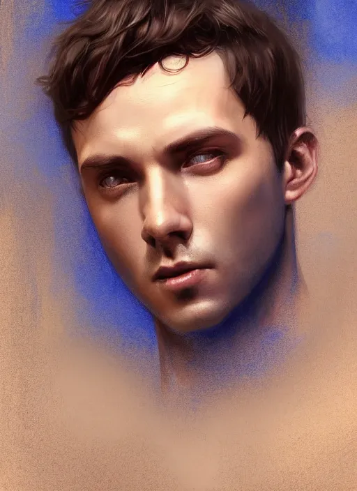 Image similar to handsome young man with short black hair, male, dressed in blue, looking down, half body shot, arms down, path traced, highly detailed, high quality, digital painting, bastien lecouffe - deharme, mucha