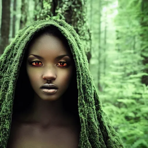 Image similar to glowing cloaked ebony maiden with stunning eyes and a beautiful supermodel face in a dark and creepy forest