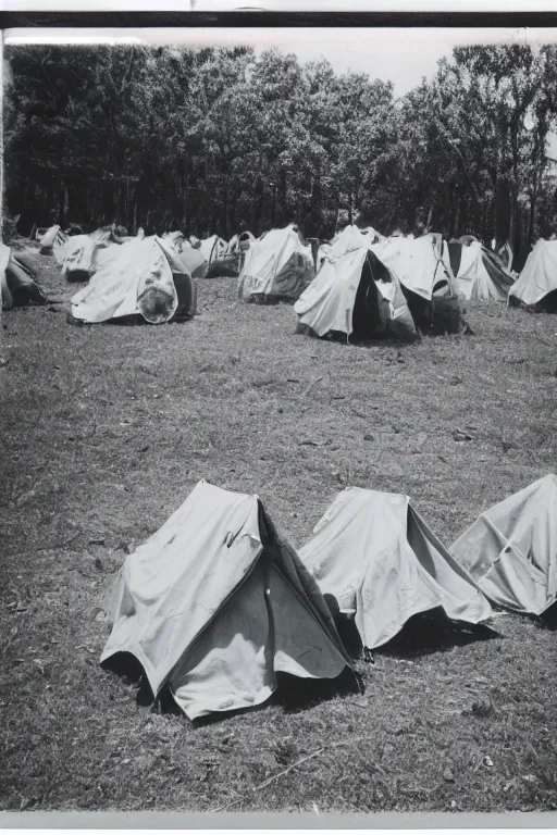 Image similar to photo polaroid of a sad and lonely child stands in the middle many tents of field hospitals, pandemic, covid,loneliness, black and white ,photorealistic, 35mm film,