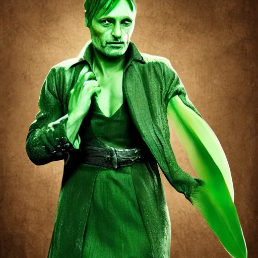 Image similar to mads mikkelsen dressed as tinkerbell from disney's peter pan, green fairy dress, grim facial expression, high medieval fantasy, full color digital art, cinematic shot, portrait, wide shot.