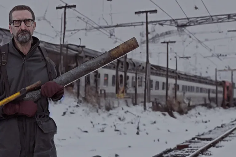 Image similar to vfx movie closeup real life gordon freeman holding crowbar in russian train yard by emmanuel lubezki