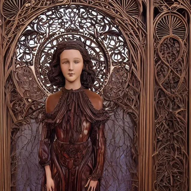 Image similar to a 3 d wooden mahogany art nouveau carved sculpture of a young millie bobby brown or alicia vikander with long hair blowing in the wind, in front of a delicate tracery pattern, intricate and highly detailed, well - lit, ornate, realistic, polished with visible wood grain