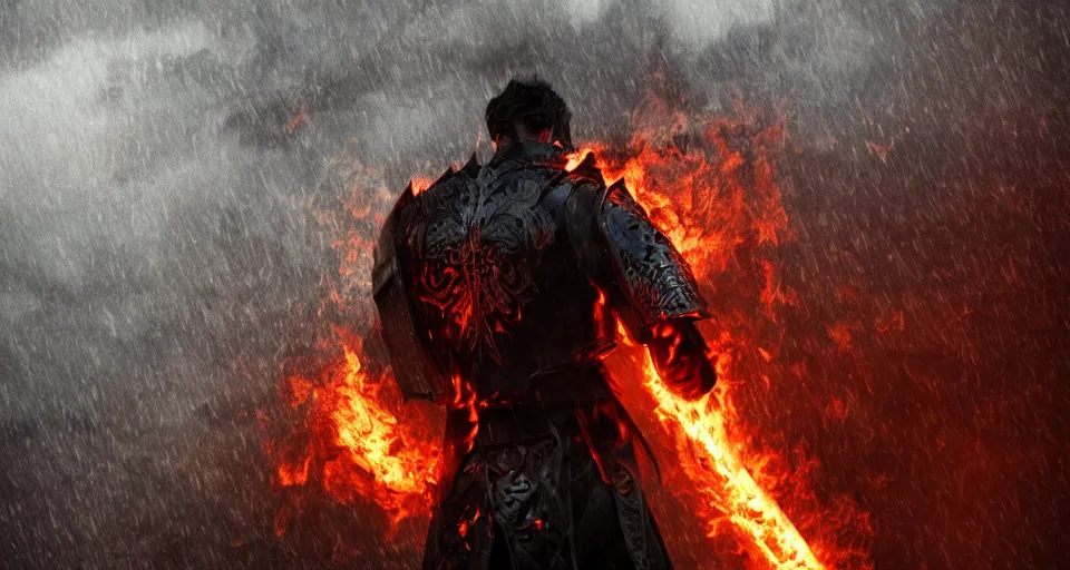 Image similar to The dark paladin with a heated sword in his hand and a burning flame with a sword in the rain. cinematic shot from back, realistic, 4K,