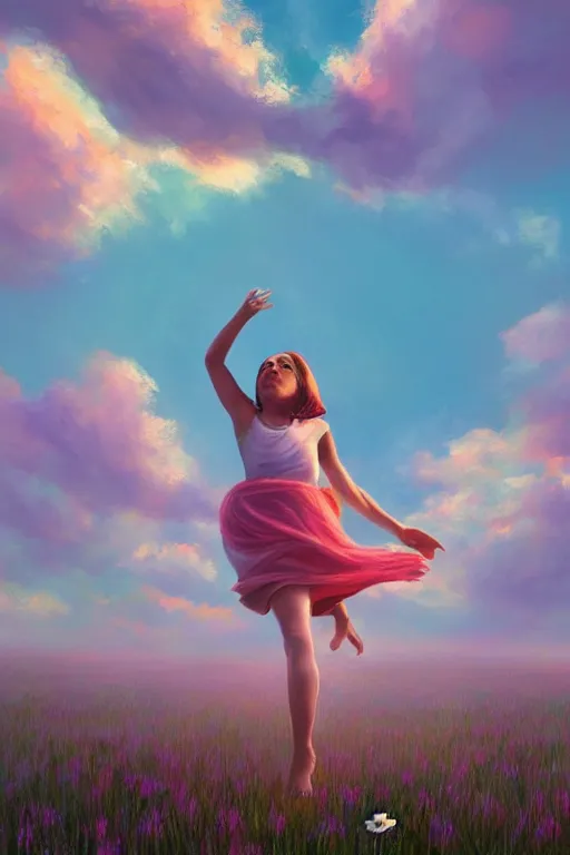 Image similar to giant white daisy flower head, girl dancing in a flower field, surreal photography, sunrise, dramatic light, impressionist painting, colorful clouds, digital painting, artstation, simon stalenhag