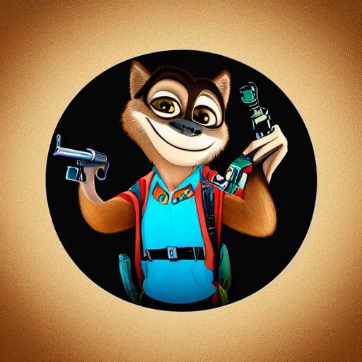 Image similar to “ logo of a upside down monkey in the style of zootopia holding laser gun, with a black background, digital art, award winning, trending on art station, retro style ”