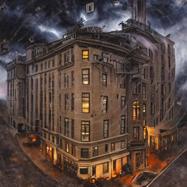 Image similar to ultra - realistic painting gothic 1 9 2 0 s 1 0 - storey hotel in downtown boston overlooking a dark street against a horrifying cosmic sky, atmospheric lighting, gloomy, foreboding