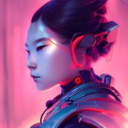 Image similar to portrait futuristic Samurai Girl, in future cyberpunk tokyo rooftop , ssci-fi, fantasy, intricate, very very beautiful, elegant, human anatomy, neon light, highly detailed, digital painting, artstation, concept art, smooth, sharp focus, illustration, art by tian zi and WLOP and alphonse mucha