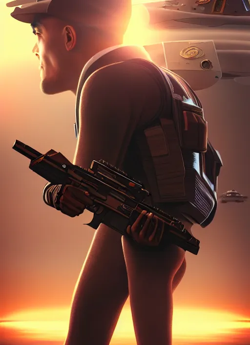 Image similar to side profile centered portrait, man with a gun, spaceship in the background, by artgerm, miles johnstone, frames,. poster, 8 k. elegant, intricate, octane render