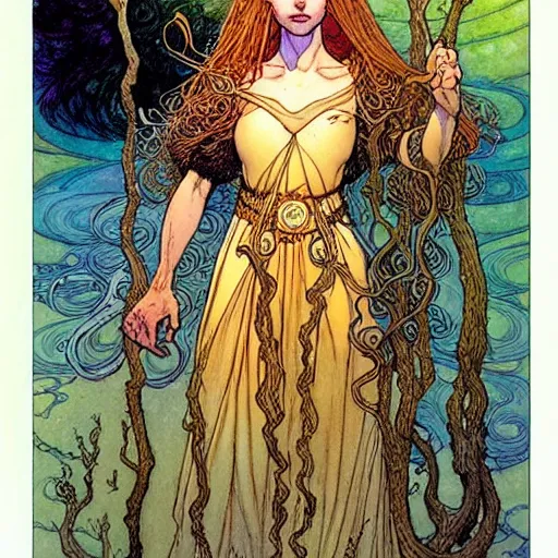 Image similar to a beautiful portrait of sanna!!!!! marin!!!!!, as a druidic wizard by rebecca guay, michael kaluta, charles vess and jean moebius giraud