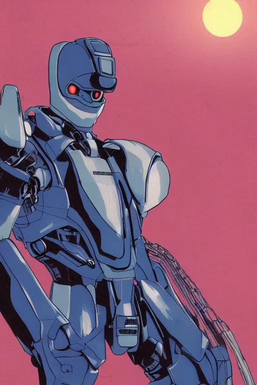 Prompt: boomer from bubblegum crisis at dusk, a color illustration by by tsutomu nihei and tetsuo hara
