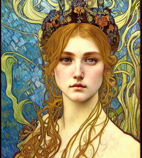 Image similar to detailed realistic beautiful young medieval queen face portrait by jean delville, alphonse mucha, vincent van gogh, and marco mazzoni, art nouveau, symbolist, visionary, gothic, pre - raphaelite