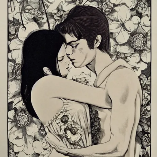 Image similar to 1 9 6 0 s drawingsymmetrical pretty elegant brigitte bardot as a vampire kissing alain delon, very detailed intricate intaglio, style of takato yamamoto, lots of flowers