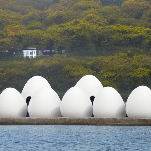 Prompt: many white round egg shaped buildings are combined to form a building on the calm lake