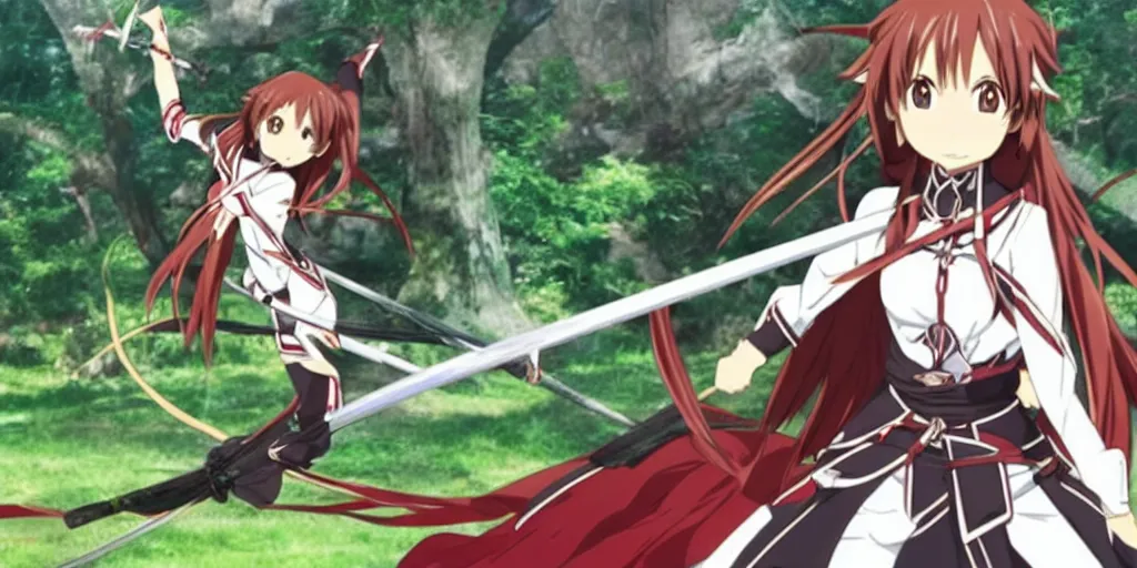 Image similar to Asuna Yuuki in fighting pose, striking her sword on her enemy