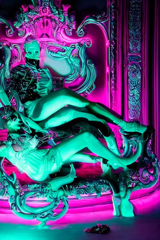 Prompt: full-body rococo and cyberpunk style neon statue of a young attractive brazilian macho dotado e rico android sim roupa reclining con las piernas abertas e la piroca dura, glowing mint laser eyes, prince crown of black gears, pink diamonds, swirling mint-colored silk fabric. futuristic elements. black dripping tar. full-length view. space robots. human skulls. intricate artwork by caravaggio. Trending on artstation, octane render, cinematic lighting from the right, hyper realism, octane render, 8k, depth of field, 3D