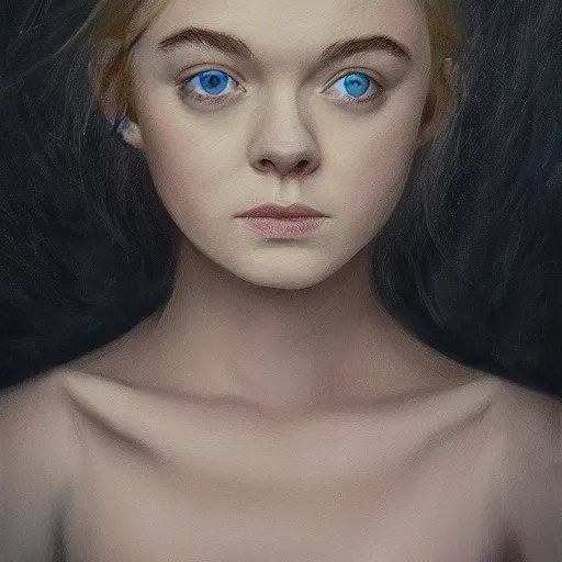 Prompt: professional painting of Elle Fanning in the style of Chris Friel, head and shoulders portrait, symmetrical facial features, smooth, sharp focus, illustration, intricate, stormy weather, extremely detailed masterpiece,