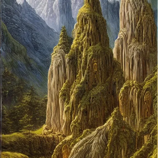 Image similar to A beautiful and highly detailed oil painting of beautiful elven temple in the mountains, detailed trees and cliffs, intricate details, rivendell, by Caspar Friedrich