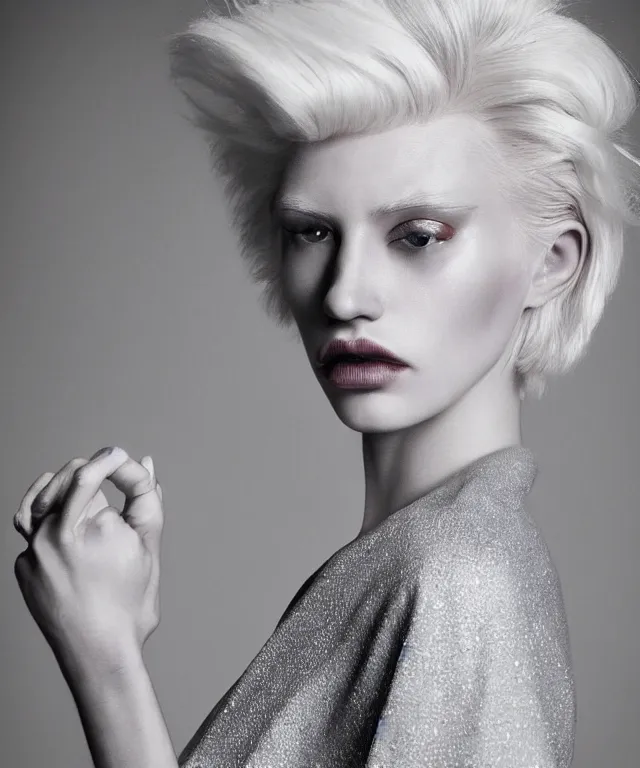 Prompt: a color photograph of a non binary model, platinum blonde, by thomas ruff, intense, bold, hyperrealistic, ultra sharp, extra details, ultra high quality, trending on pinteresst