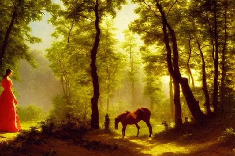 Image similar to scenic western painting of a woman in a traditional white dress walking through a forest river, horses, radiant light, oil on canvas, albert bierstadt