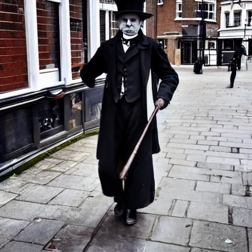 Image similar to 1850s Victorian chimney sweeper walking down the street in London, photo taken with an iPhone, HD